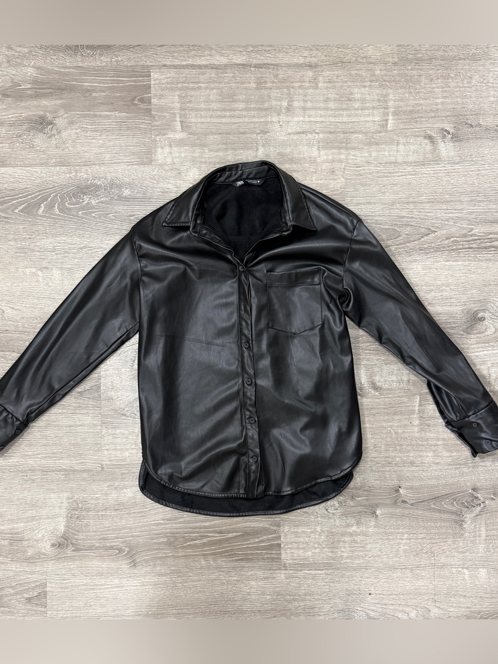 Zara Black Faux Leather Button-Down Shirt Jacket